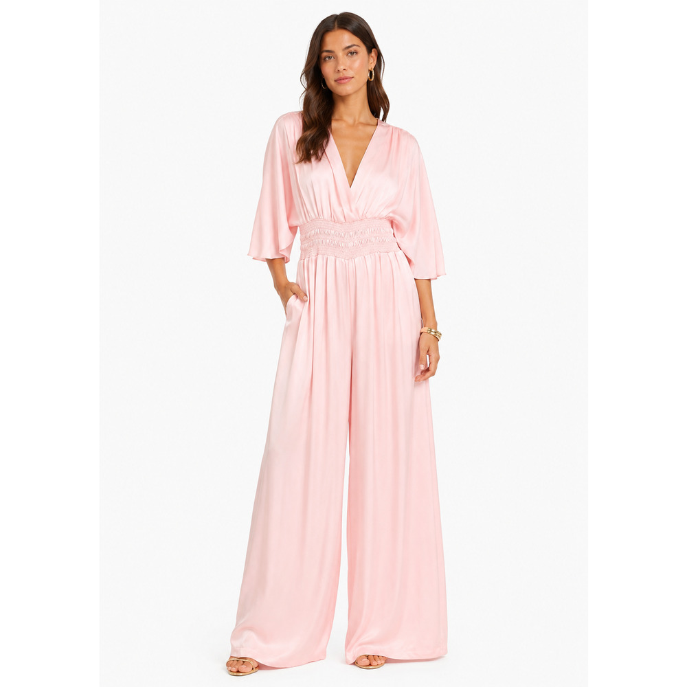 Ramy Brook Cheri Jumpsuit XL Pink Satin‎ Wide Leg Smocked NWT